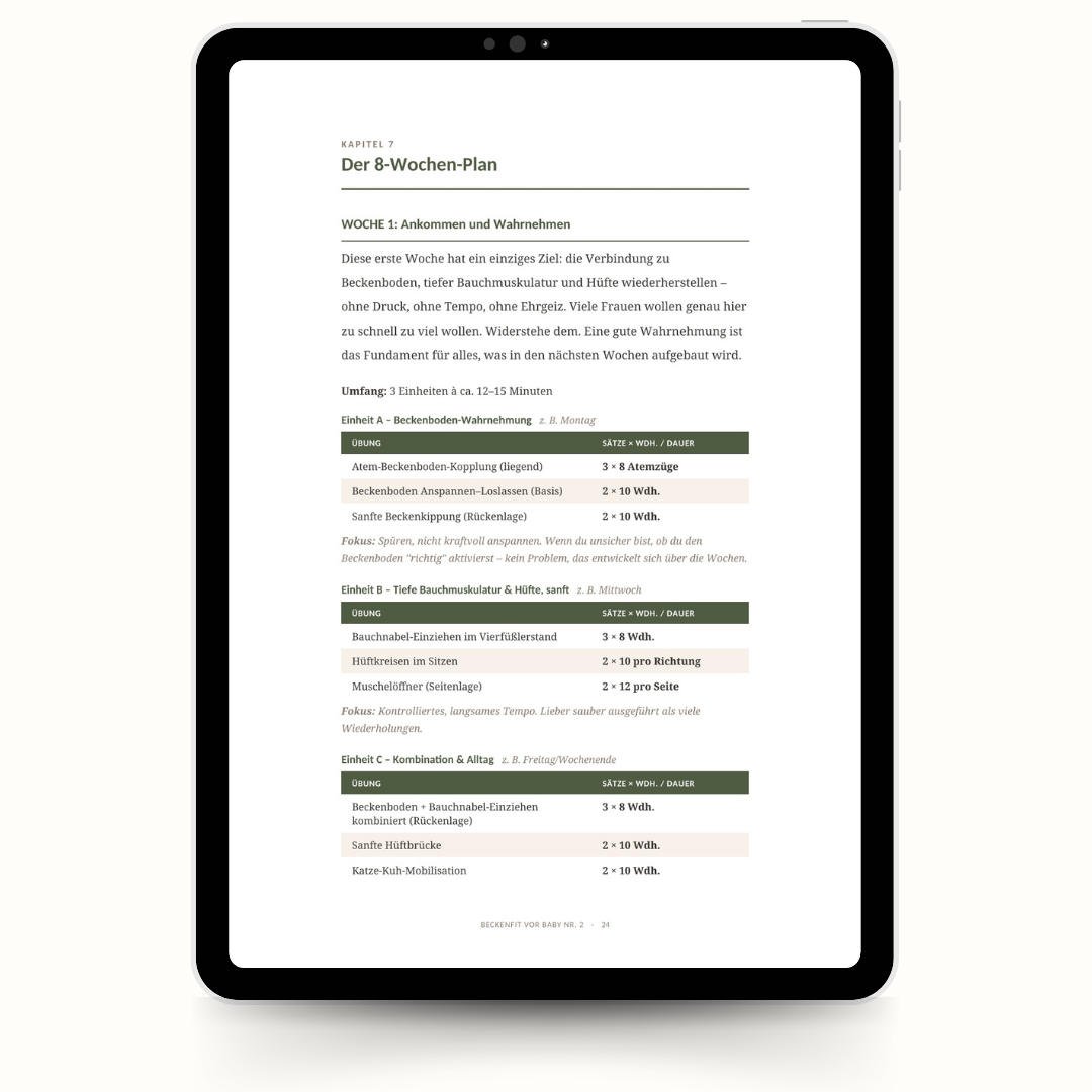 Beckenfit vor Baby Nr. 2 auf dem Tablet, Seite aus dem 8-Wochen-Plan