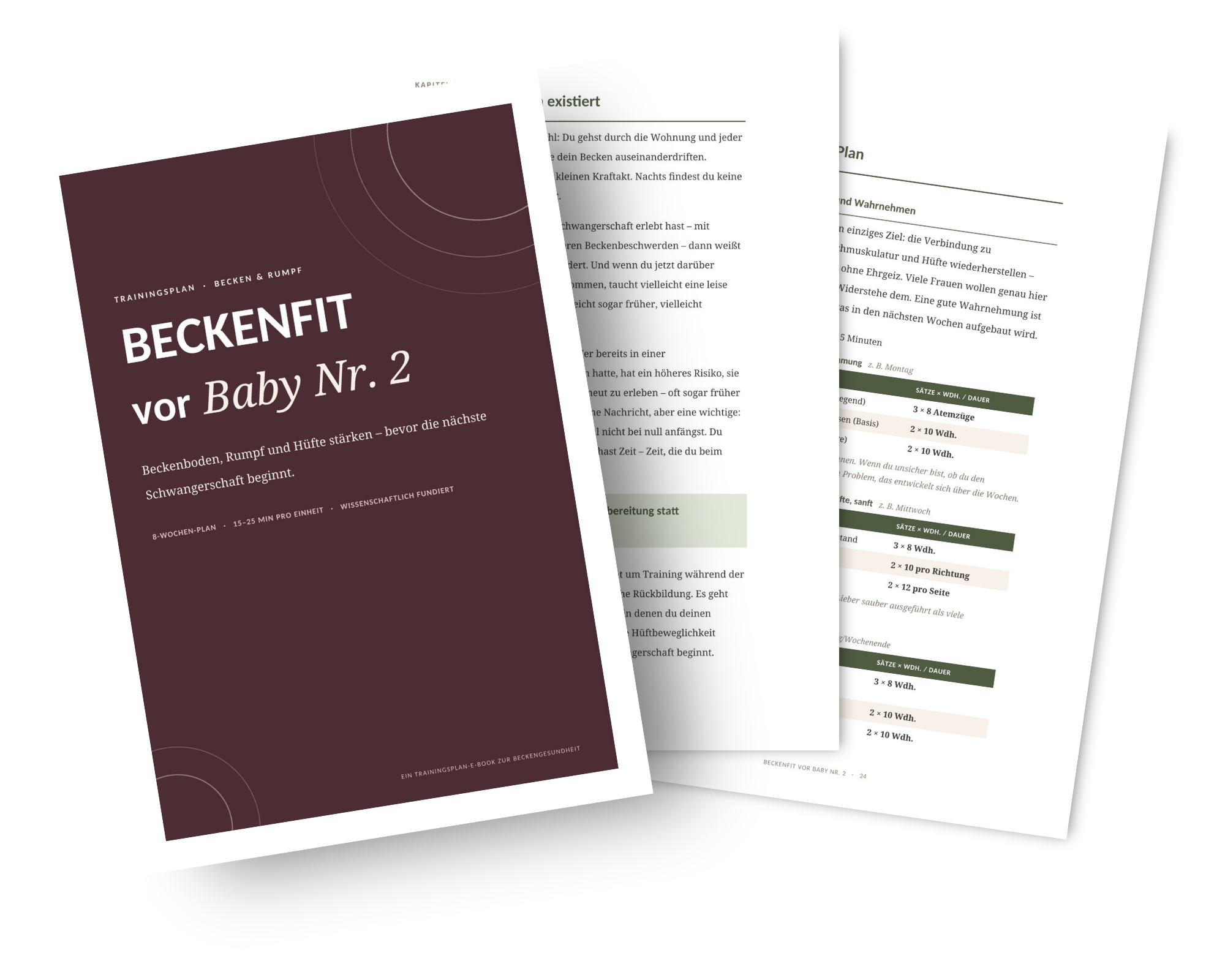 Mockup des E-Books Beckenfit vor Baby Nr. 2 mit Cover und Innenseiten
