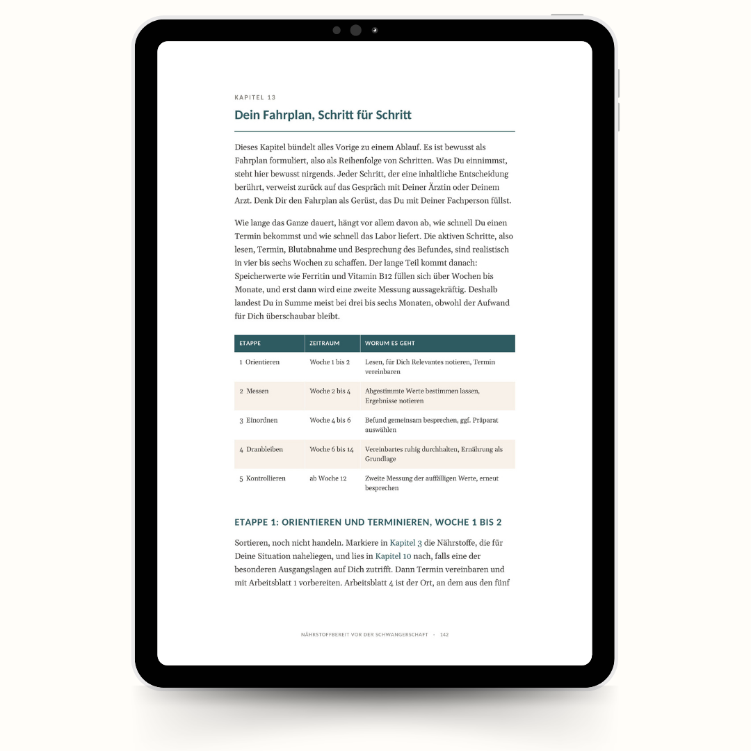 Nährstoffbereit vor der Schwangerschaft auf dem Tablet, ein Nährstoff-Steckbrief aus Kapitel 3