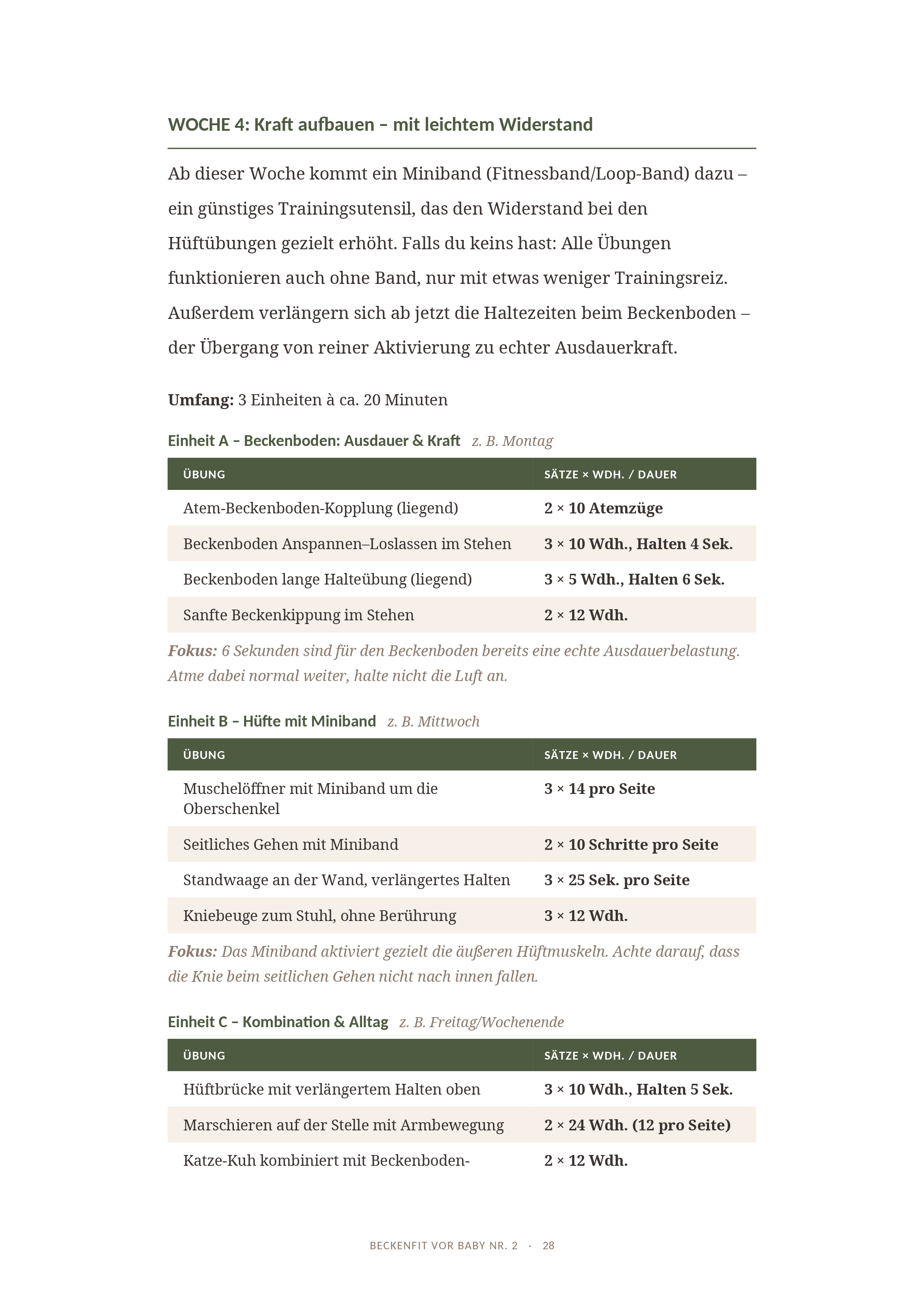 Seite aus Woche 4 des 8-Wochen-Trainingsplans mit Übungstabellen